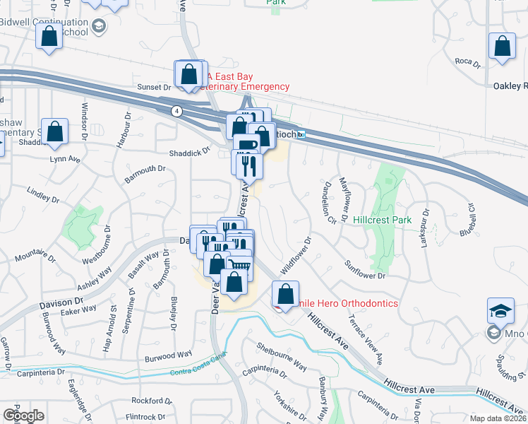 map of restaurants, bars, coffee shops, grocery stores, and more near 2600 Wildflower Station Place in Antioch