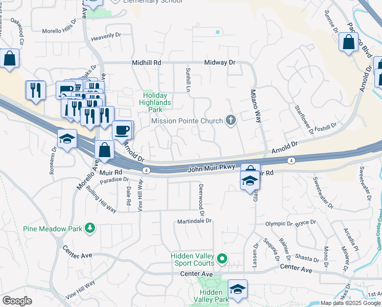 map of restaurants, bars, coffee shops, grocery stores, and more near 131 Williamson Court in Martinez