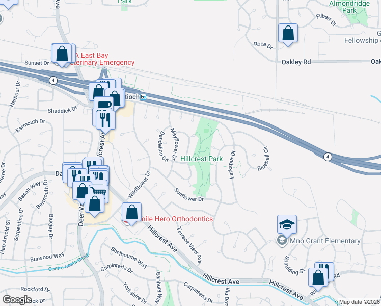 map of restaurants, bars, coffee shops, grocery stores, and more near 2855 Honeysuckle Circle in Antioch