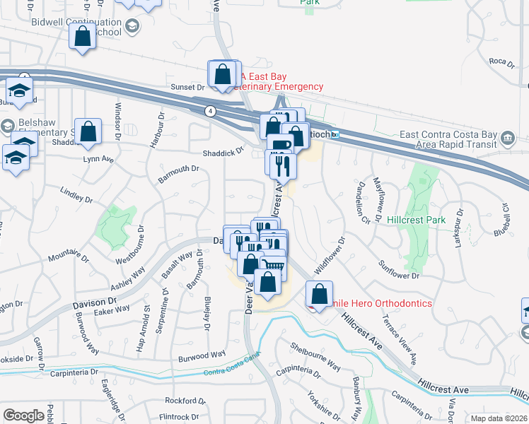 map of restaurants, bars, coffee shops, grocery stores, and more near 1513 Mellissa Circle in Antioch