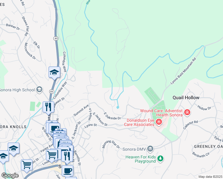 map of restaurants, bars, coffee shops, grocery stores, and more near 501-535 East Bald Mountain Road in Sonora