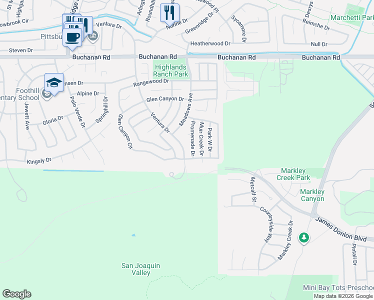 map of restaurants, bars, coffee shops, grocery stores, and more near 1871 Ventura Drive in Pittsburg