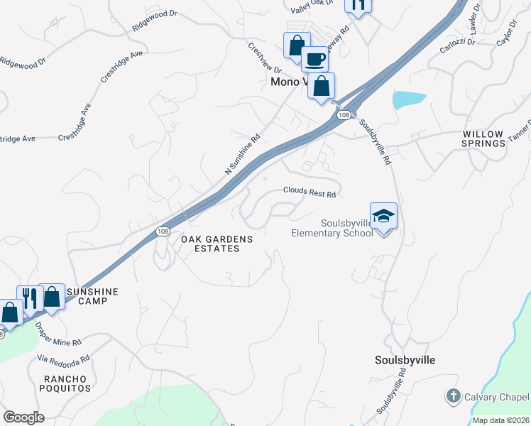 map of restaurants, bars, coffee shops, grocery stores, and more near 20327 Starr King Drive in Soulsbyville