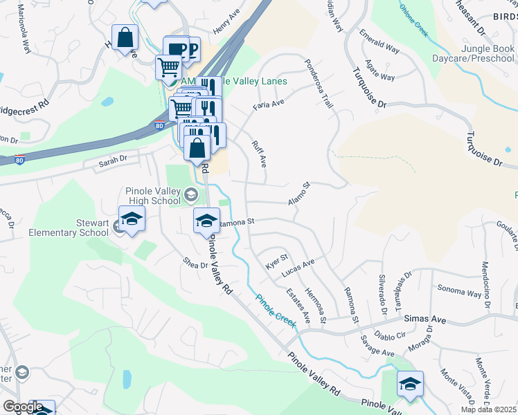 map of restaurants, bars, coffee shops, grocery stores, and more near 2412 Alamo Street in Pinole