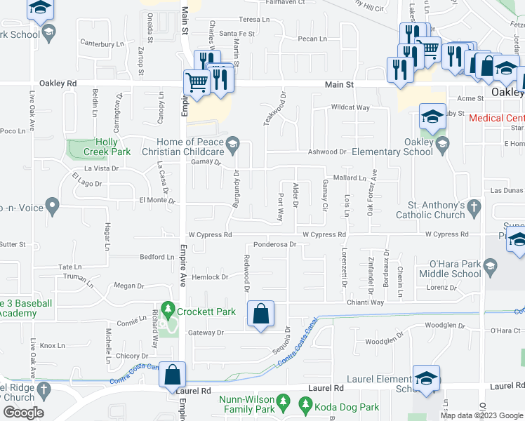 map of restaurants, bars, coffee shops, grocery stores, and more near 4581 Teakwood Court in Oakley