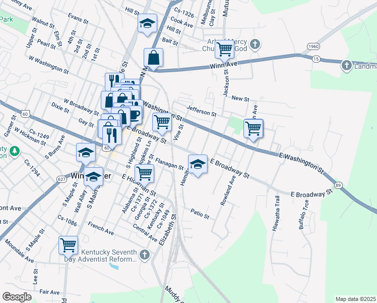 map of restaurants, bars, coffee shops, grocery stores, and more near 244 East Broadway Street in Winchester
