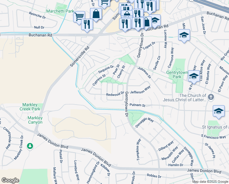 map of restaurants, bars, coffee shops, grocery stores, and more near 3125 Ash Street in Antioch