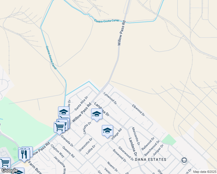 map of restaurants, bars, coffee shops, grocery stores, and more near 4006 Willow Pass Road in Concord