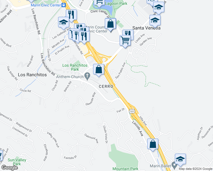 map of restaurants, bars, coffee shops, grocery stores, and more near 19 Merrydale Road in San Rafael