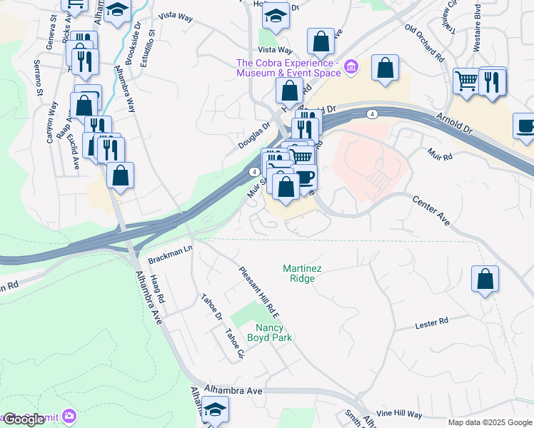 map of restaurants, bars, coffee shops, grocery stores, and more near 225 Laurel Knoll Drive in Martinez