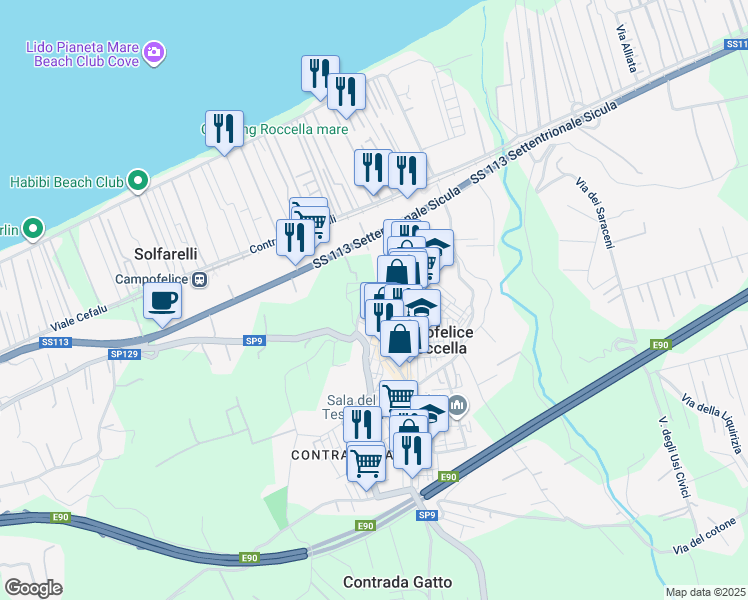 map of restaurants, bars, coffee shops, grocery stores, and more near 14 Via Stazione in Campofelice di Roccella