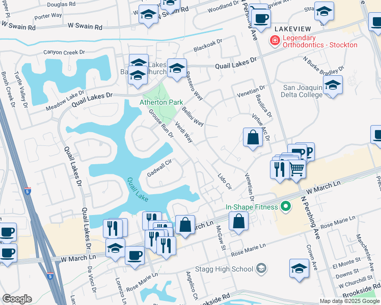 map of restaurants, bars, coffee shops, grocery stores, and more near 5210 Grouse Run Drive in Stockton