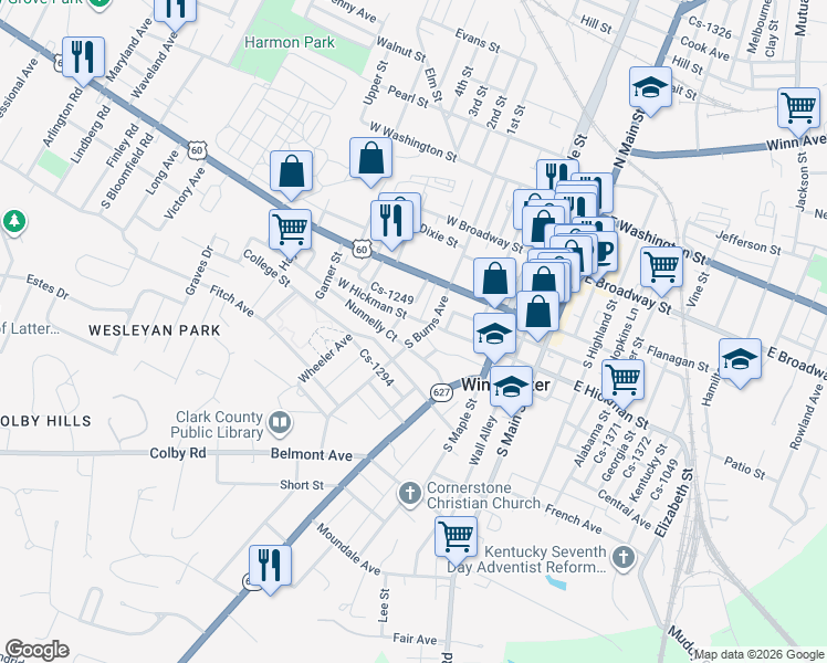 map of restaurants, bars, coffee shops, grocery stores, and more near 209 West Hickman Street in Winchester