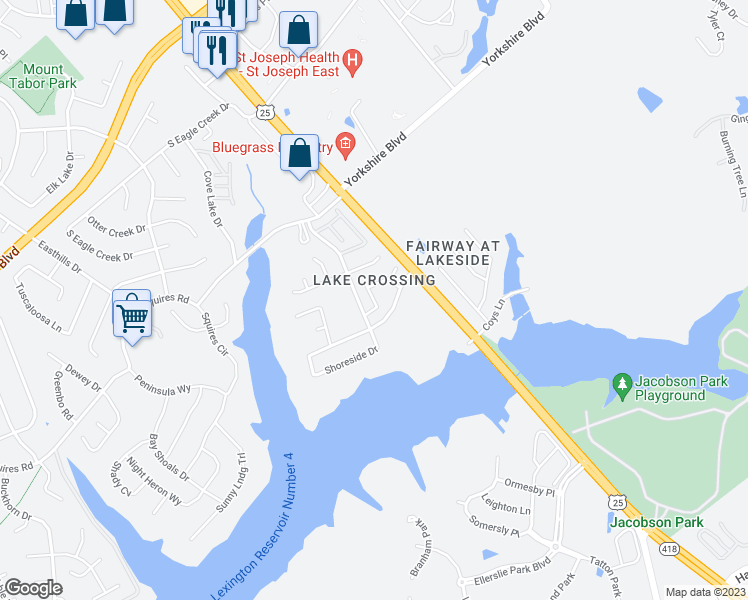 map of restaurants, bars, coffee shops, grocery stores, and more near 3601 Brookewind Way in Lexington