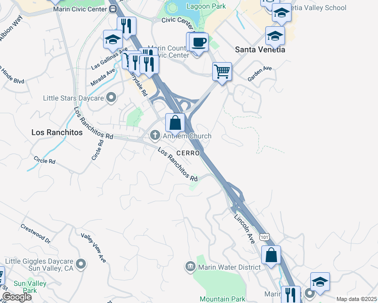 map of restaurants, bars, coffee shops, grocery stores, and more near 7 Merrydale Road in San Rafael