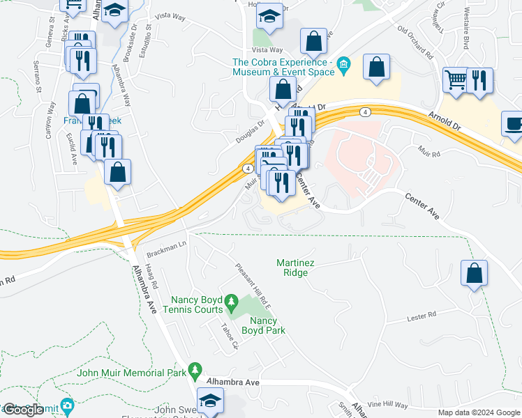 map of restaurants, bars, coffee shops, grocery stores, and more near 225 Laurel Knoll Drive in Martinez