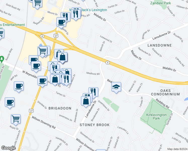 map of restaurants, bars, coffee shops, grocery stores, and more near 278 Medlock Road in Lexington