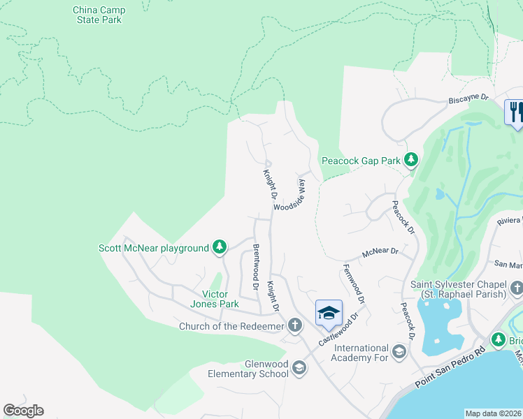 map of restaurants, bars, coffee shops, grocery stores, and more near 12 Alderwood Way in San Rafael