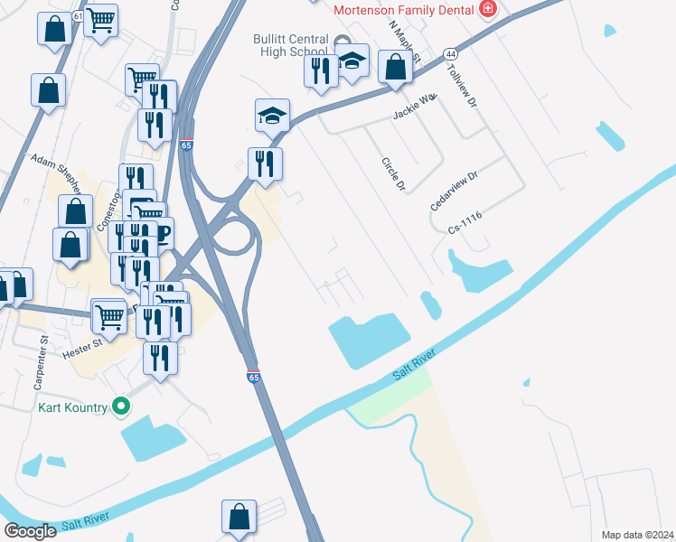 map of restaurants, bars, coffee shops, grocery stores, and more near Erie Court in Shepherdsville