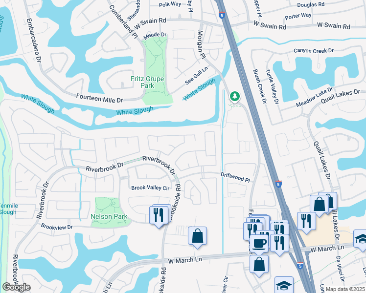 map of restaurants, bars, coffee shops, grocery stores, and more near 6777 Brook Falls Circle in Stockton