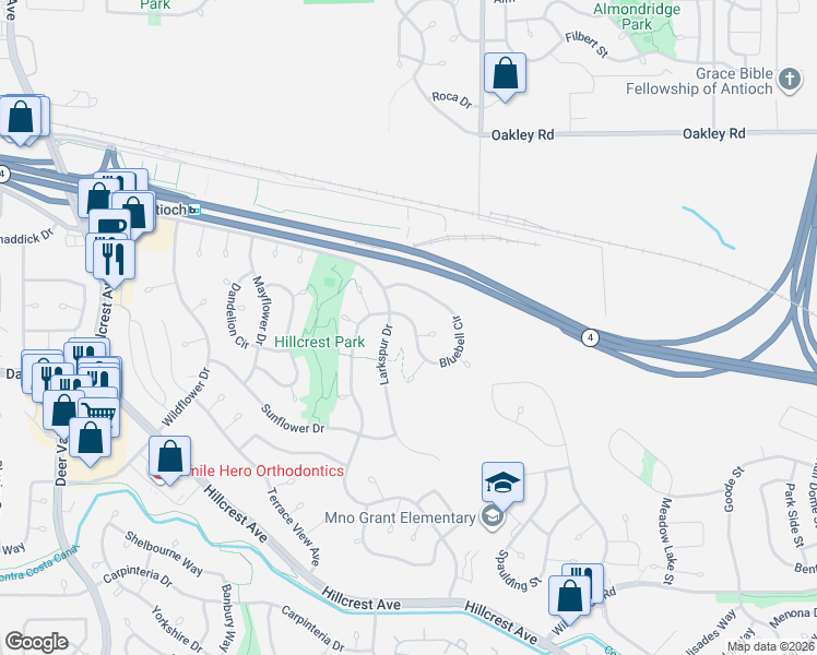 map of restaurants, bars, coffee shops, grocery stores, and more near 2921 Bluebell Circle in Antioch