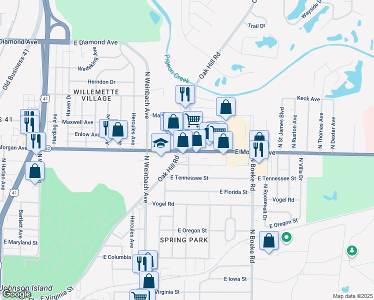 map of restaurants, bars, coffee shops, grocery stores, and more near 2162 East Morgan Avenue in Evansville