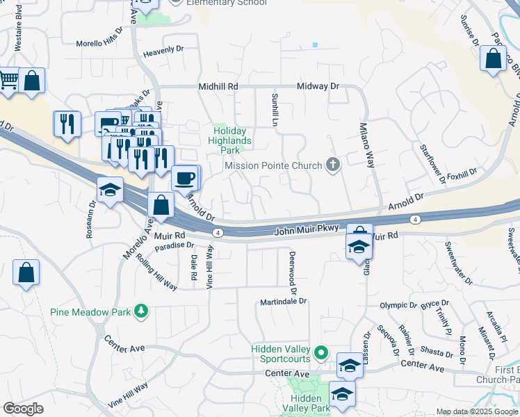 map of restaurants, bars, coffee shops, grocery stores, and more near 238 Hidden Creek Court in Martinez