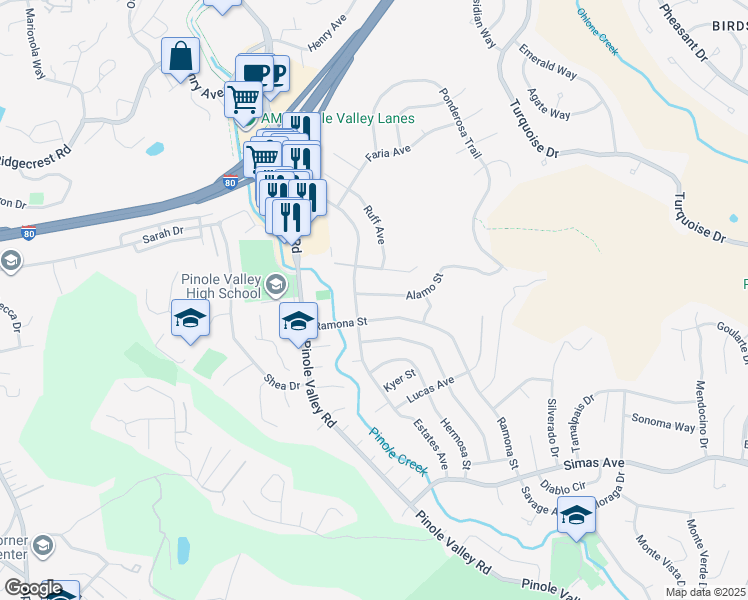 map of restaurants, bars, coffee shops, grocery stores, and more near 2412 Alamo Street in Pinole
