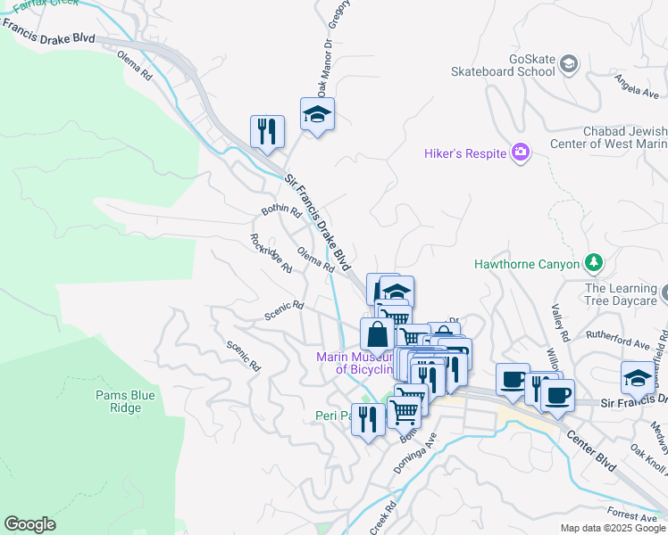 map of restaurants, bars, coffee shops, grocery stores, and more near 10 Olema Road in Fairfax