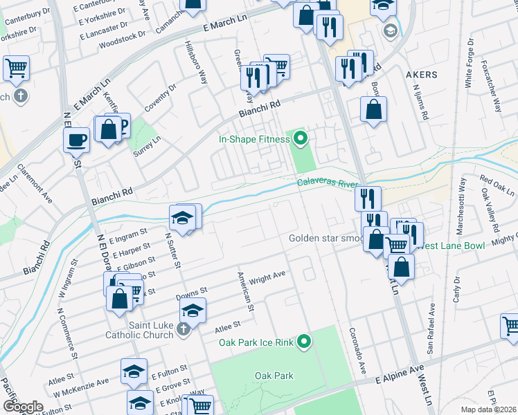 map of restaurants, bars, coffee shops, grocery stores, and more near 845 Beeler Street in Stockton