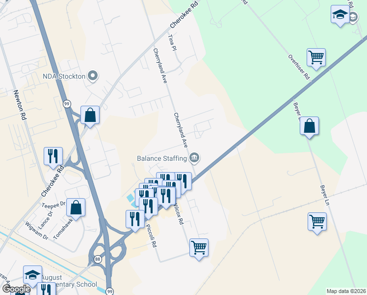 map of restaurants, bars, coffee shops, grocery stores, and more near 3121 Cherryland Avenue in Stockton