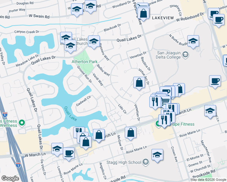 map of restaurants, bars, coffee shops, grocery stores, and more near 1557 Griffin Point in Stockton
