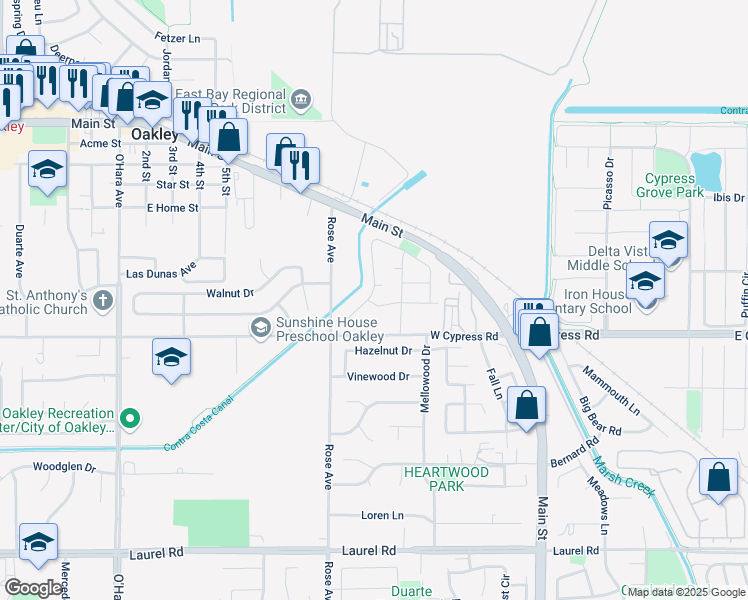 map of restaurants, bars, coffee shops, grocery stores, and more near 4839 Bayside Way in Oakley
