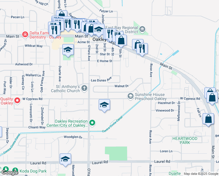 map of restaurants, bars, coffee shops, grocery stores, and more near 979 Walnut Drive in Oakley