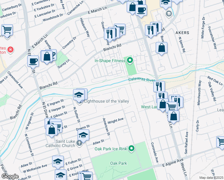 map of restaurants, bars, coffee shops, grocery stores, and more near 845 Beeler Street in Stockton