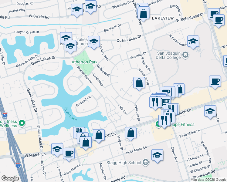 map of restaurants, bars, coffee shops, grocery stores, and more near 1557 Griffin Point in Stockton