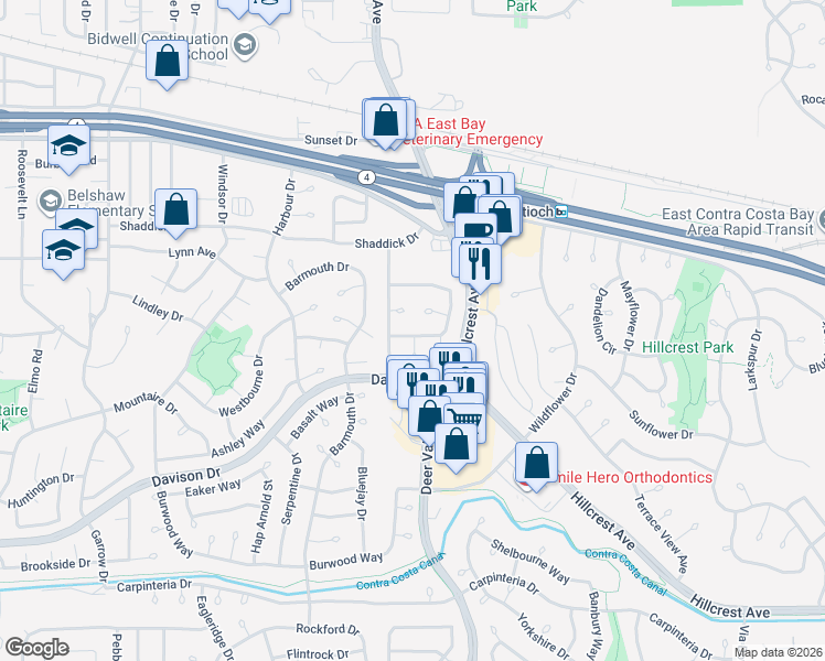 map of restaurants, bars, coffee shops, grocery stores, and more near 1408 Harris Court in Antioch