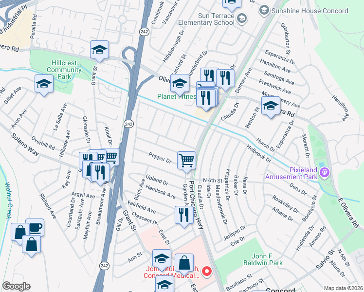 map of restaurants, bars, coffee shops, grocery stores, and more near 2461 Krueger Drive in Concord