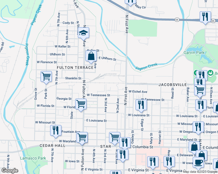 map of restaurants, bars, coffee shops, grocery stores, and more near 1401-1511 North 3rd Avenue in Evansville