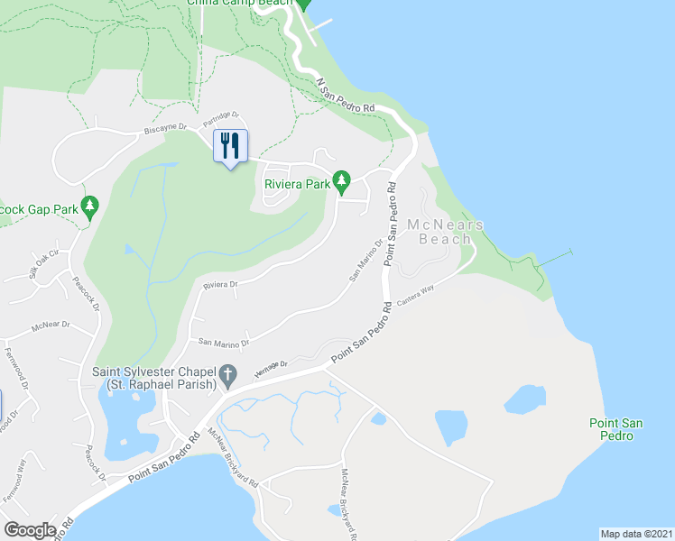 map of restaurants, bars, coffee shops, grocery stores, and more near 173 San Marino Drive in San Rafael