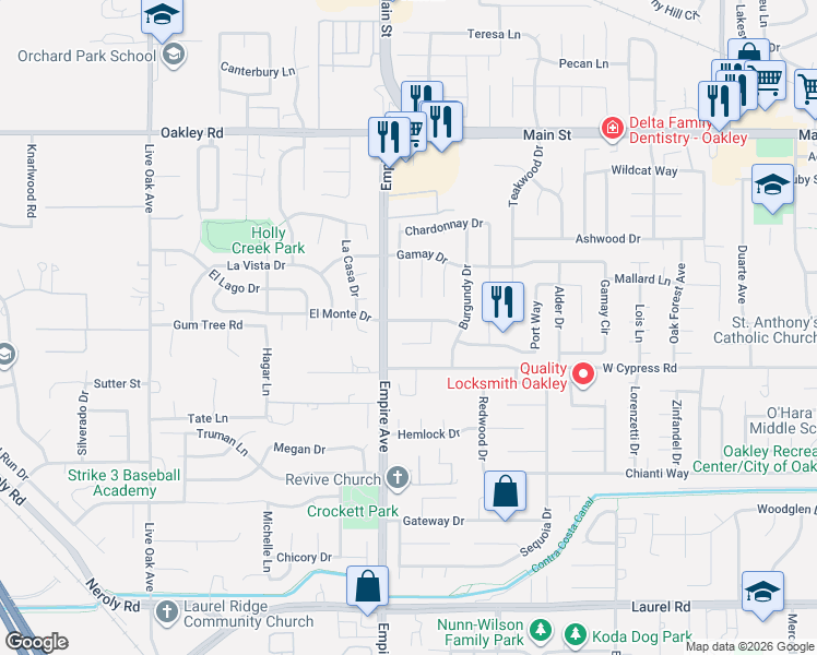 map of restaurants, bars, coffee shops, grocery stores, and more near 1955 Sauterne Way in Oakley