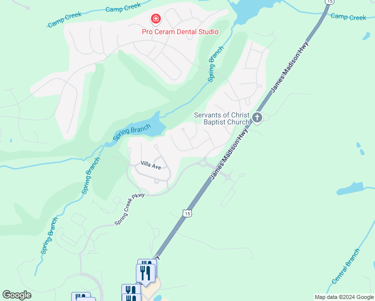 map of restaurants, bars, coffee shops, grocery stores, and more near 121 Whispering Woods Place in Gordonsville