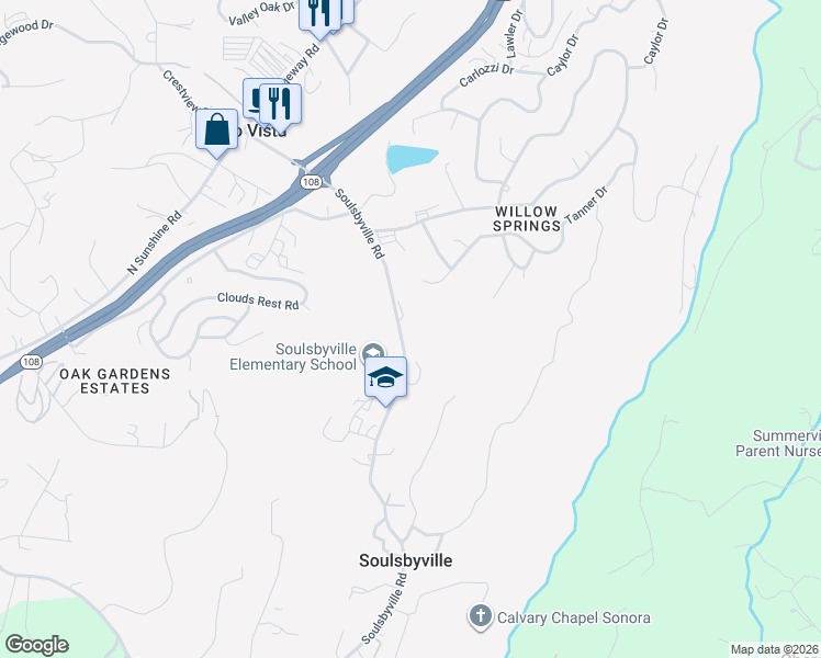 map of restaurants, bars, coffee shops, grocery stores, and more near 20221 Soulsbyville Road in Soulsbyville