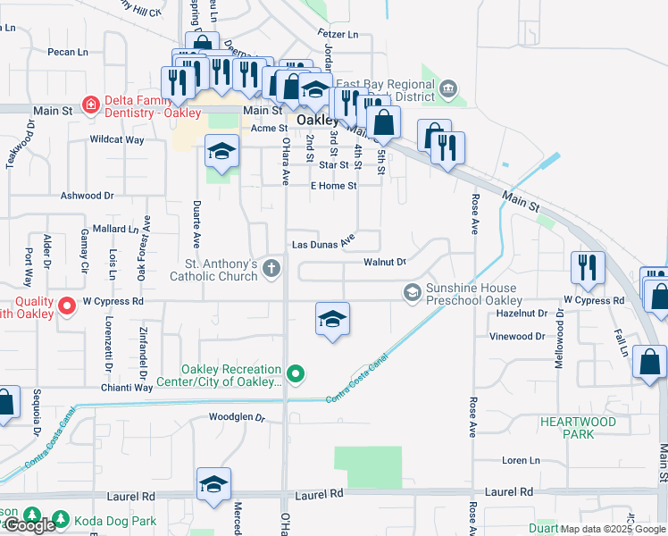 map of restaurants, bars, coffee shops, grocery stores, and more near 979 Walnut Drive in Oakley