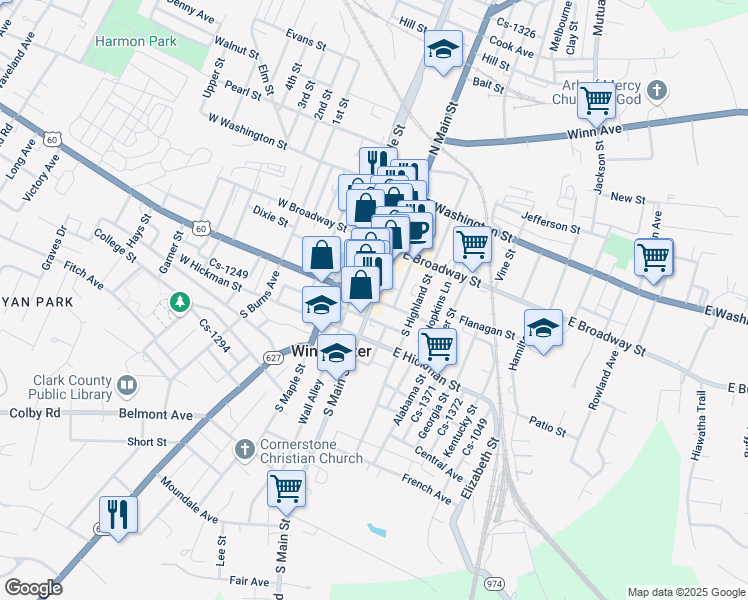 map of restaurants, bars, coffee shops, grocery stores, and more near 18 West Lexington Avenue in Winchester