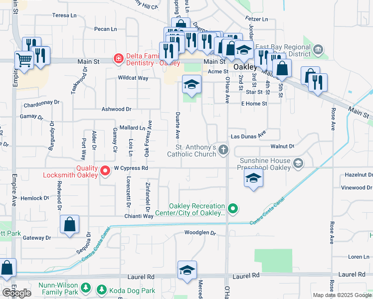 map of restaurants, bars, coffee shops, grocery stores, and more near 1141 Bear River Court in Oakley