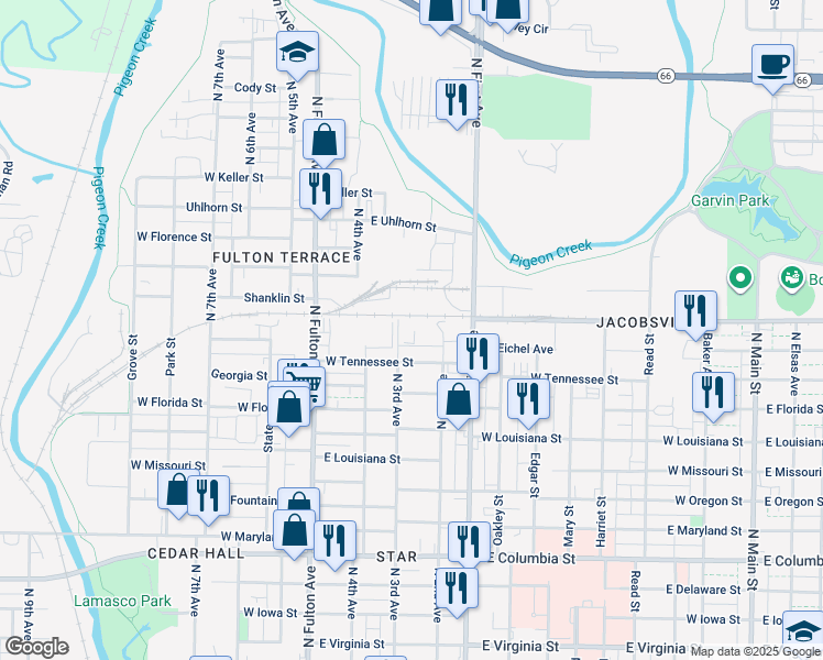 map of restaurants, bars, coffee shops, grocery stores, and more near 1505 North 3rd Avenue in Evansville
