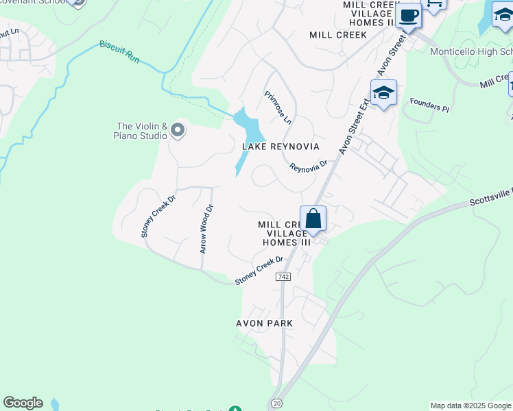 map of restaurants, bars, coffee shops, grocery stores, and more near 1645 Shady Grove Court in Charlottesville