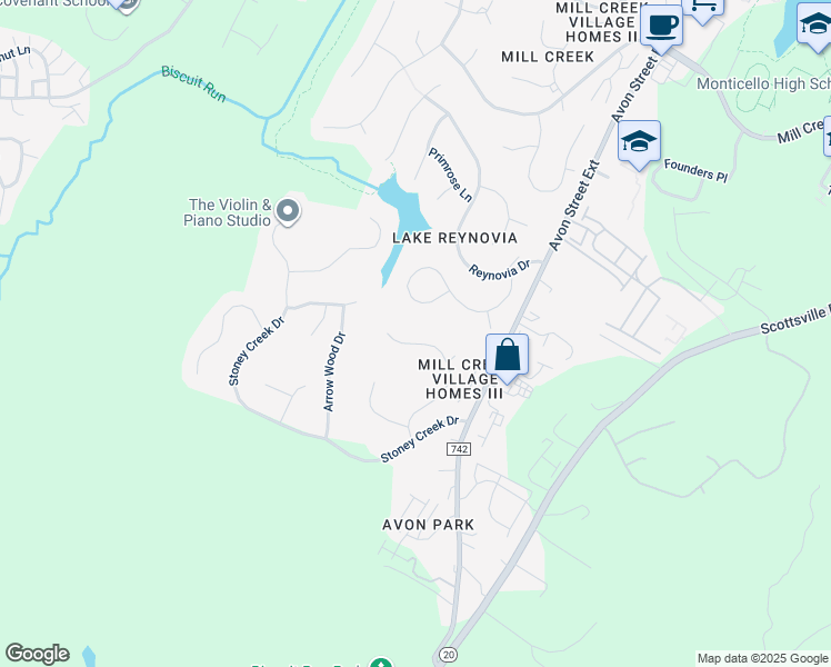 map of restaurants, bars, coffee shops, grocery stores, and more near 1645 Shady Grove Court in Charlottesville