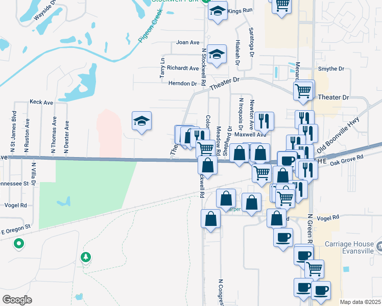 map of restaurants, bars, coffee shops, grocery stores, and more near 3820 East Morgan Avenue in Evansville